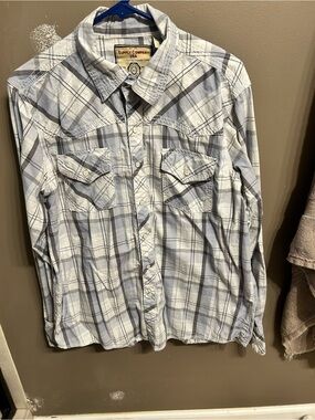 Men's Light Gray and White Plaid Button-Down Shirt
